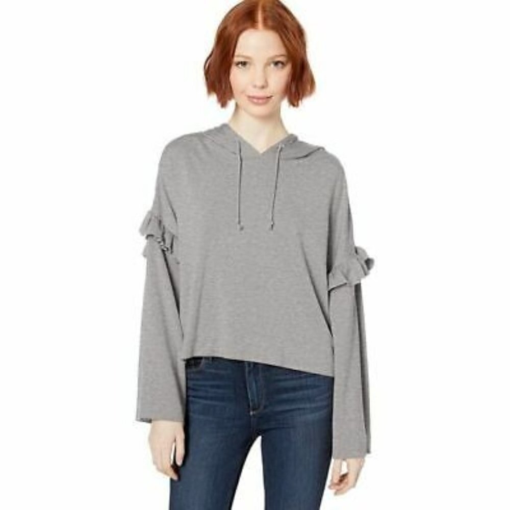 BB Dakota Gray Drop Shoulder Ruffle Long Sleeve Pullover Hoodie Size XS NWT